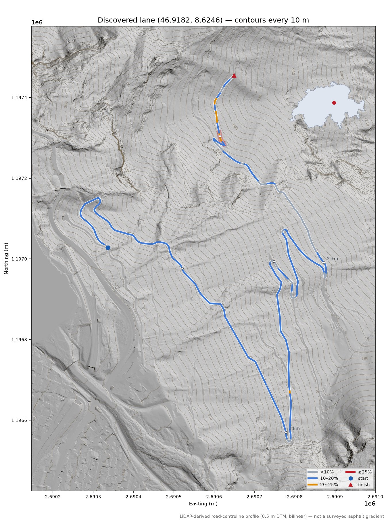Discovered lane (46.9182, 8.6246) LiDAR hillshade map with contours