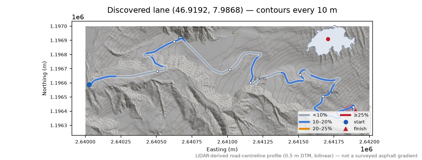 Discovered lane (46.9192, 7.9868) LiDAR hillshade map with contours