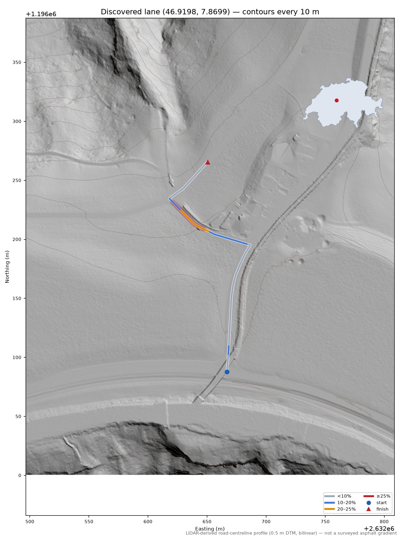 Discovered lane (46.9198, 7.8699) LiDAR hillshade map with contours