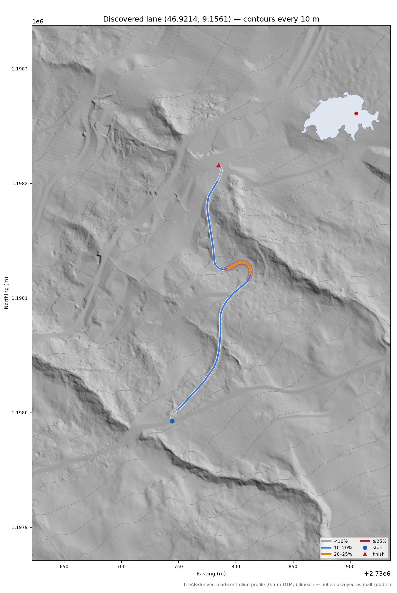 Discovered lane (46.9214, 9.1561) LiDAR hillshade map with contours
