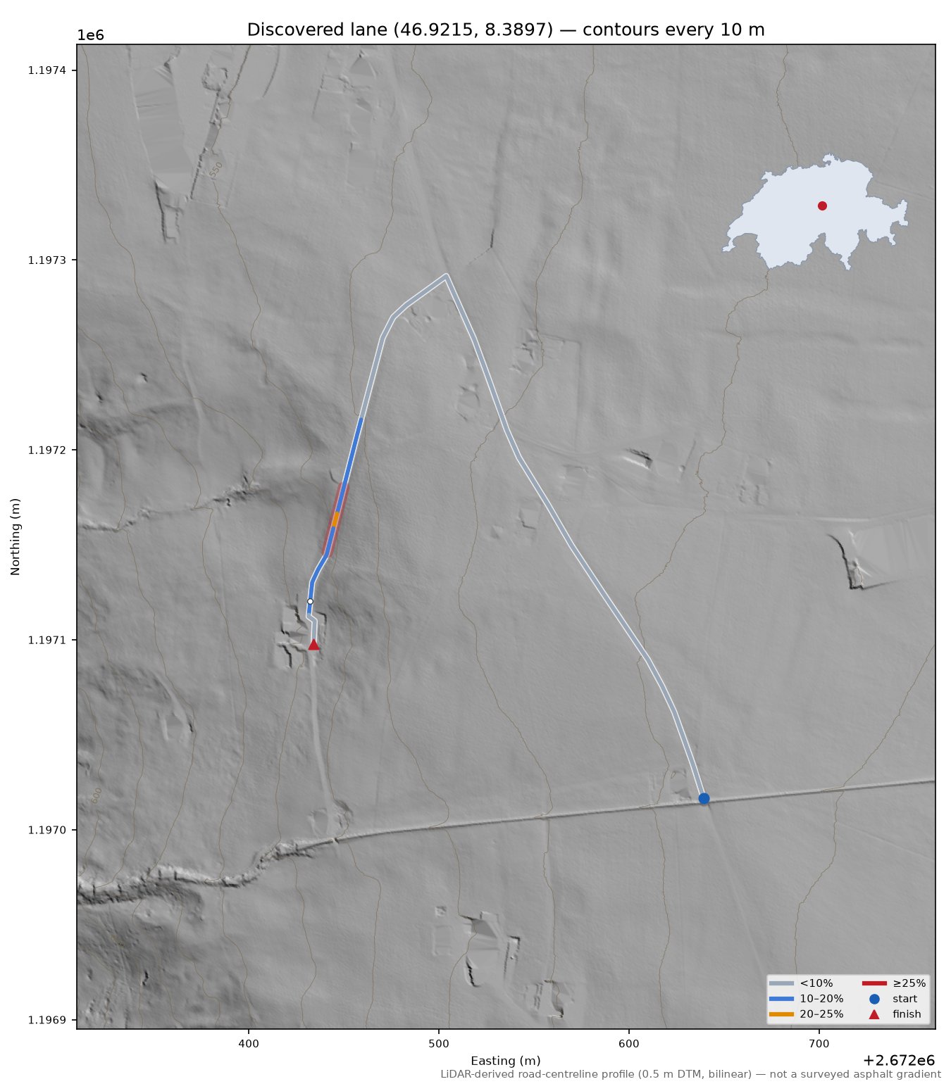 Discovered lane (46.9215, 8.3897) LiDAR hillshade map with contours