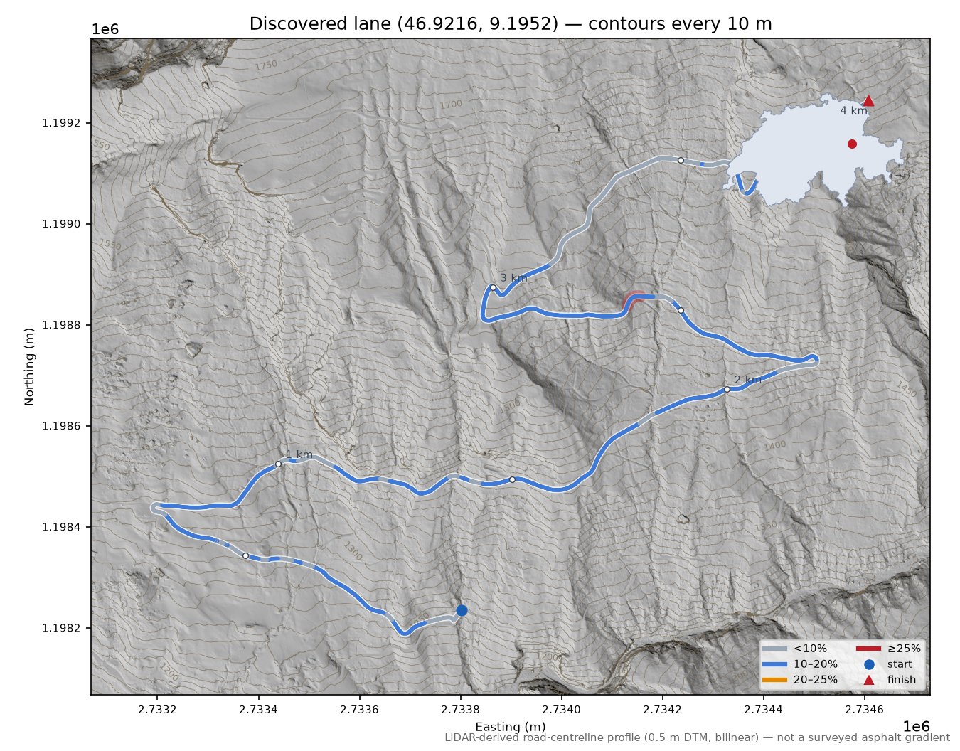 Discovered lane (46.9216, 9.1952) LiDAR hillshade map with contours