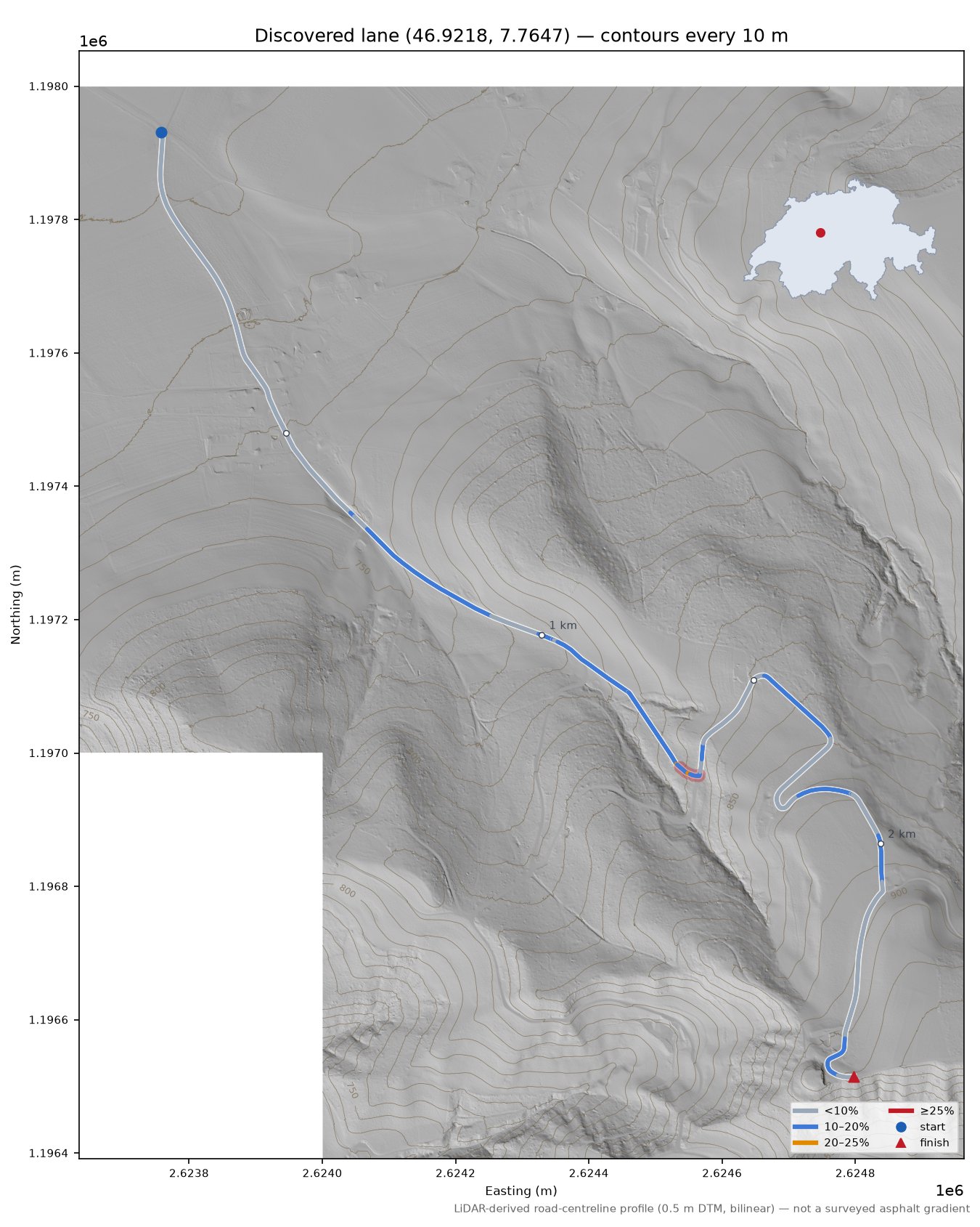 Discovered lane (46.9218, 7.7647) LiDAR hillshade map with contours
