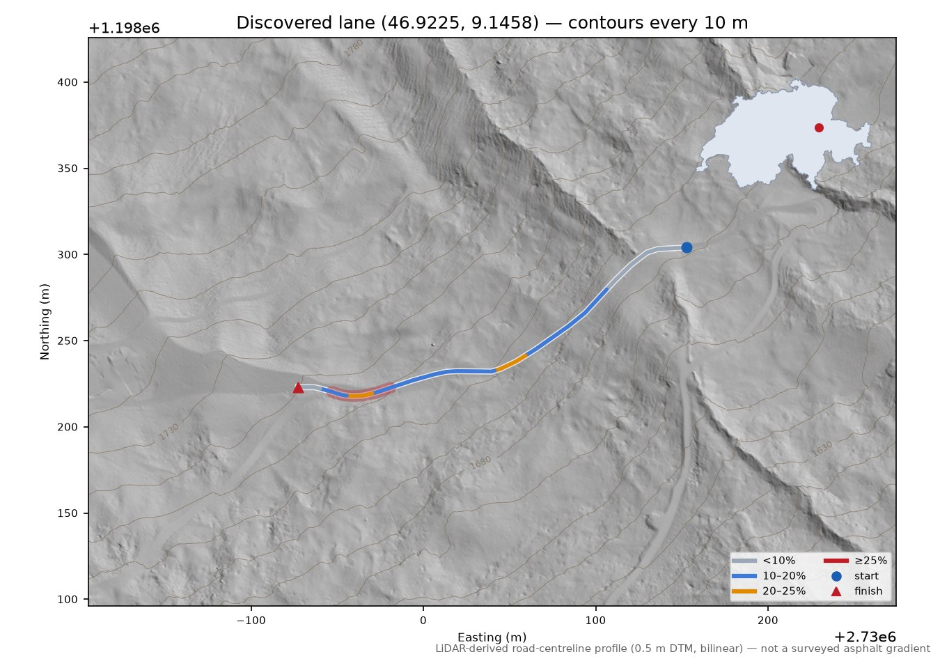 Discovered lane (46.9225, 9.1458) LiDAR hillshade map with contours