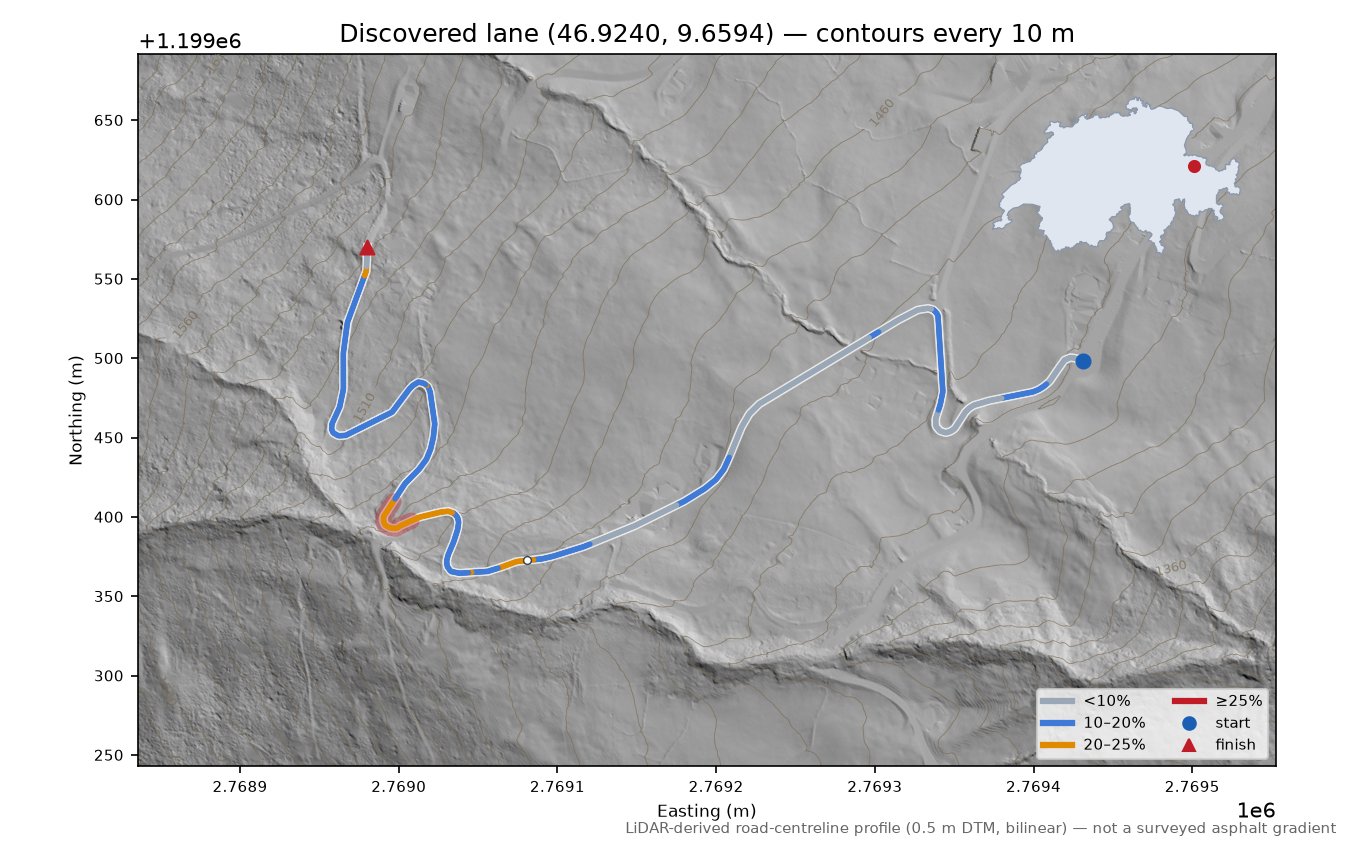 Discovered lane (46.9240, 9.6594) LiDAR hillshade map with contours