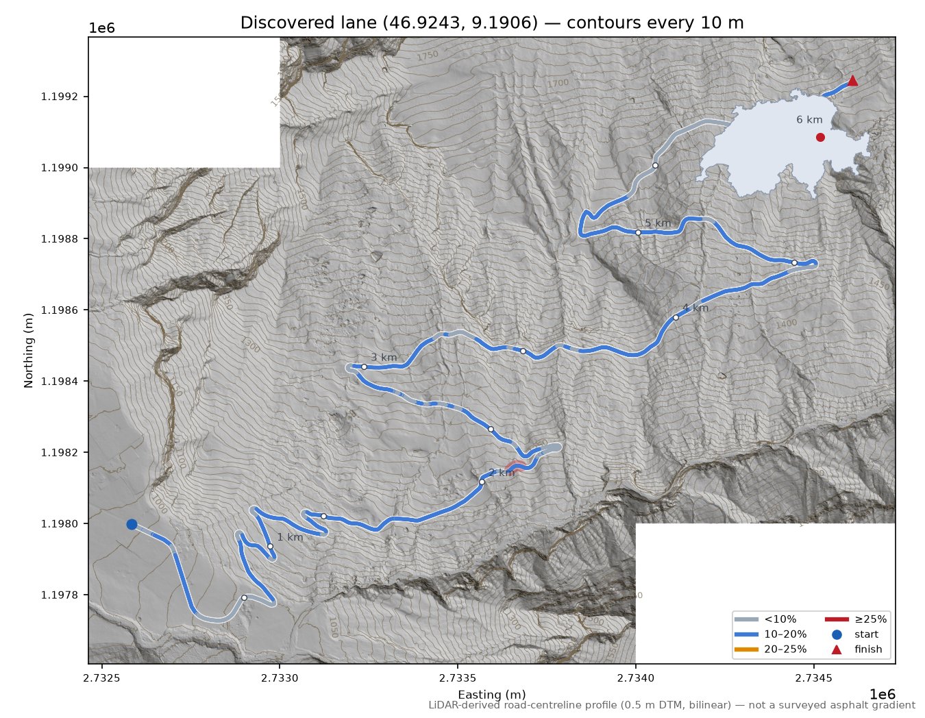 Discovered lane (46.9243, 9.1906) LiDAR hillshade map with contours