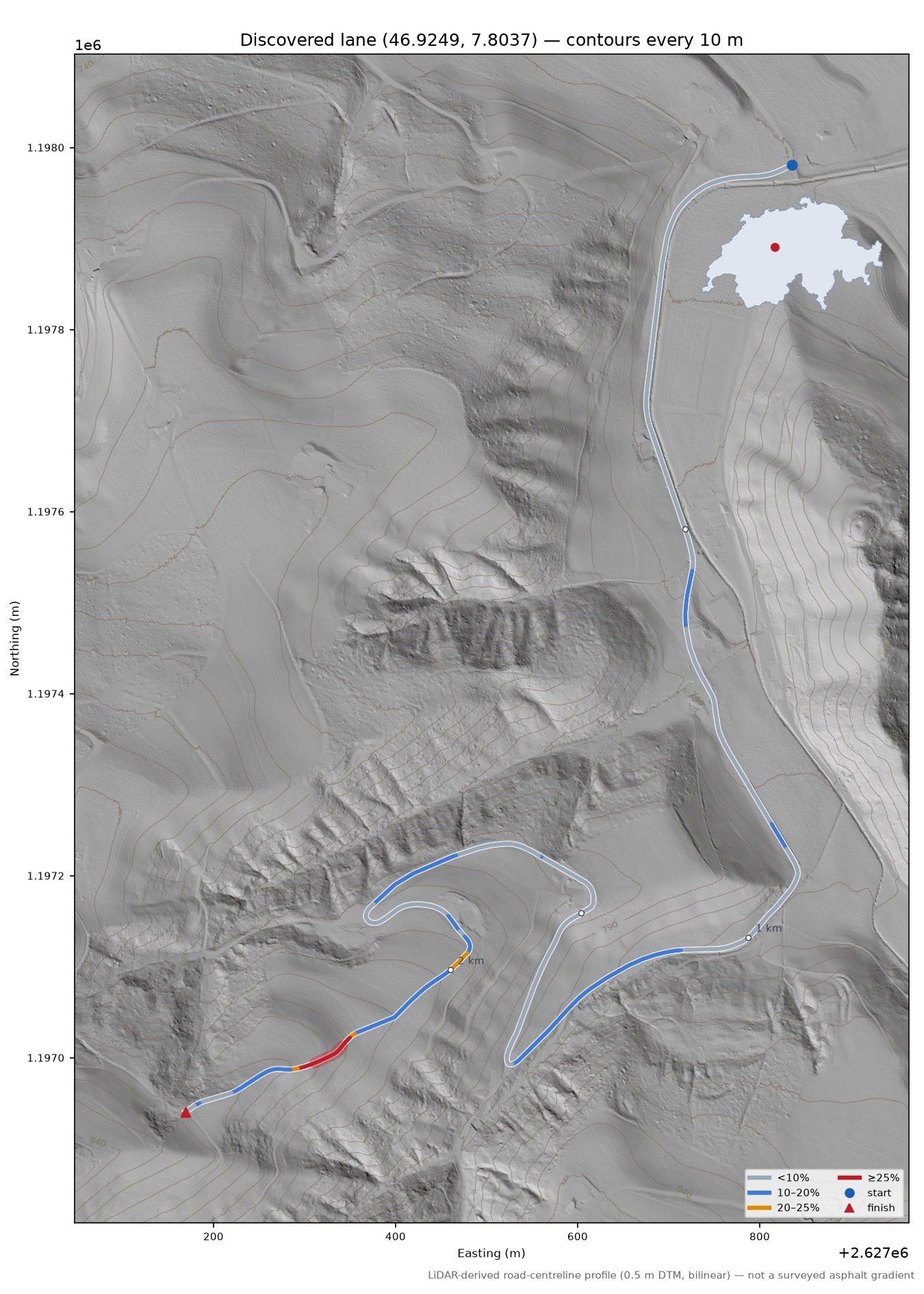 Discovered lane (46.9249, 7.8037) LiDAR hillshade map with contours