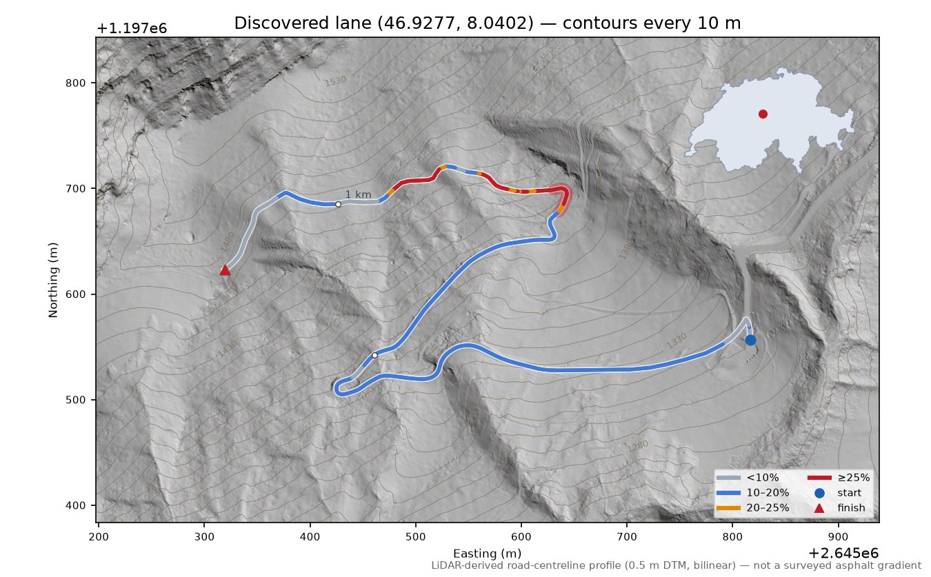 Discovered lane (46.9277, 8.0402) LiDAR hillshade map with contours