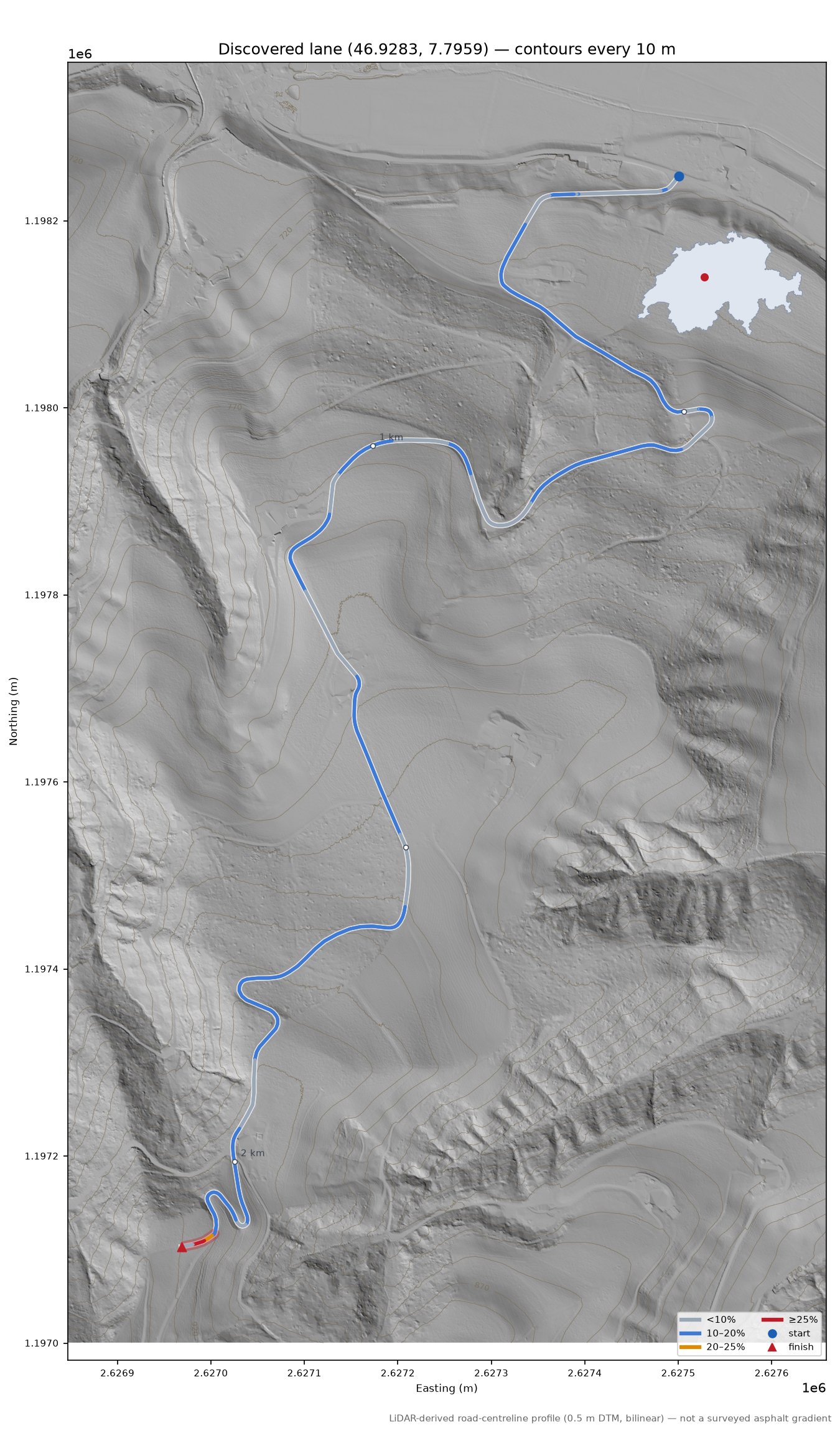 Discovered lane (46.9283, 7.7959) LiDAR hillshade map with contours