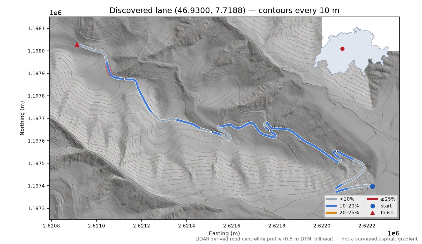 Discovered lane (46.9300, 7.7188) LiDAR hillshade map with contours