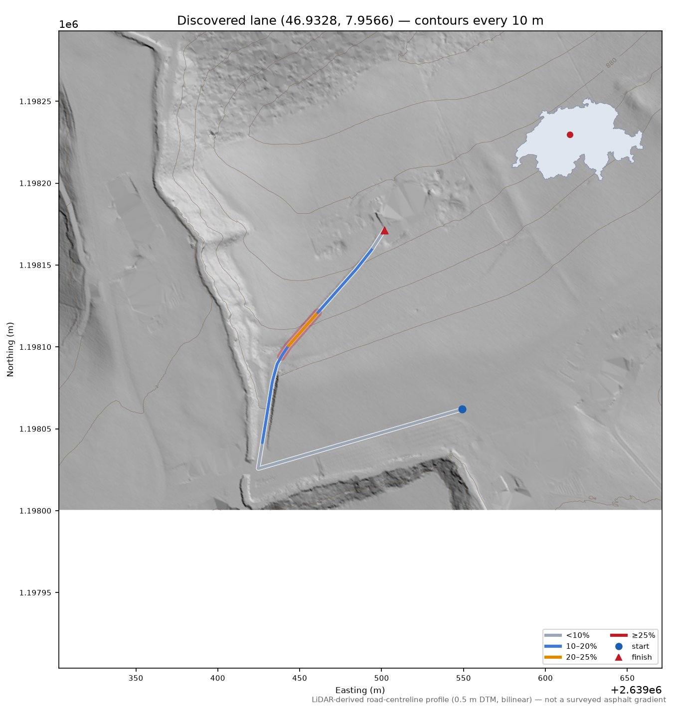 Discovered lane (46.9328, 7.9566) LiDAR hillshade map with contours