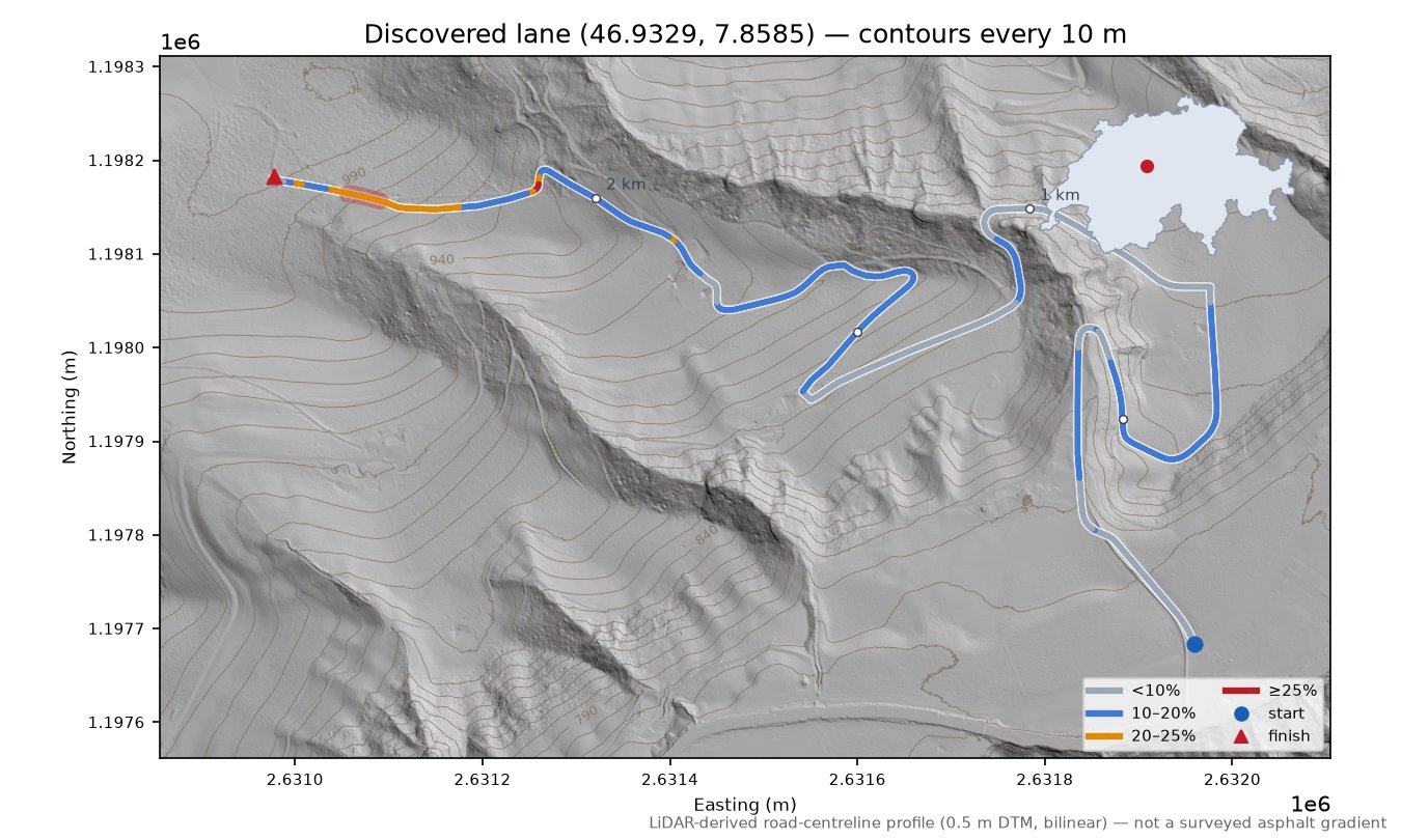 Discovered lane (46.9329, 7.8585) LiDAR hillshade map with contours