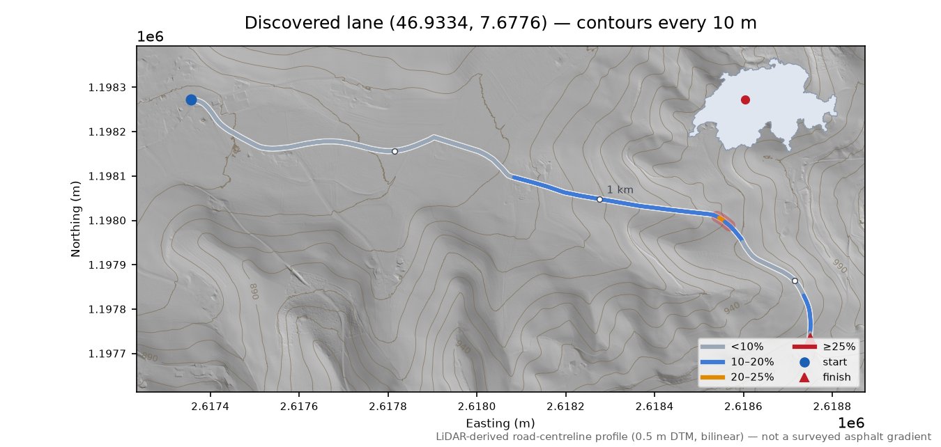 Discovered lane (46.9334, 7.6776) LiDAR hillshade map with contours