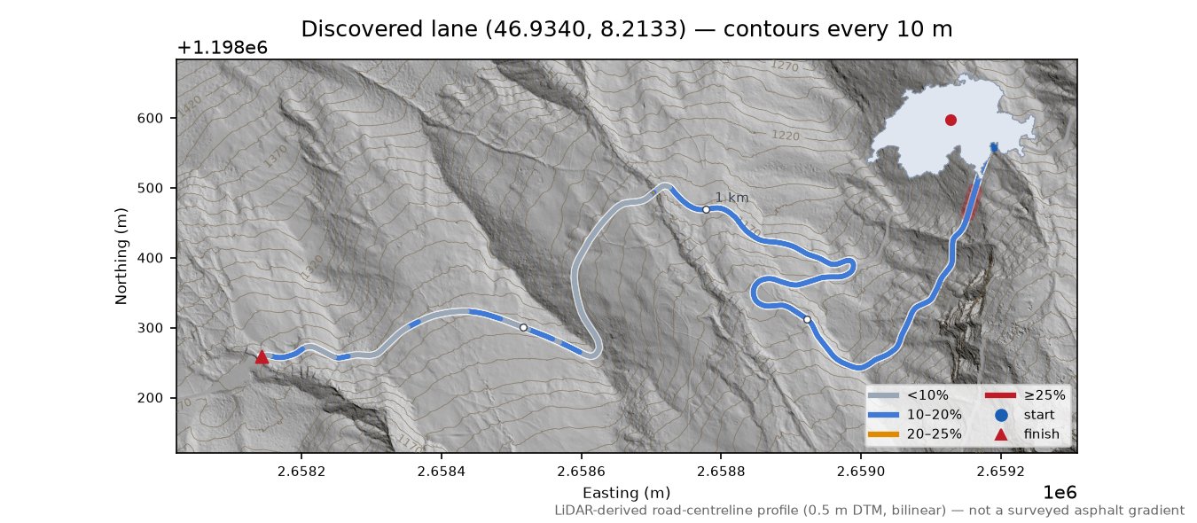 Discovered lane (46.9340, 8.2133) LiDAR hillshade map with contours