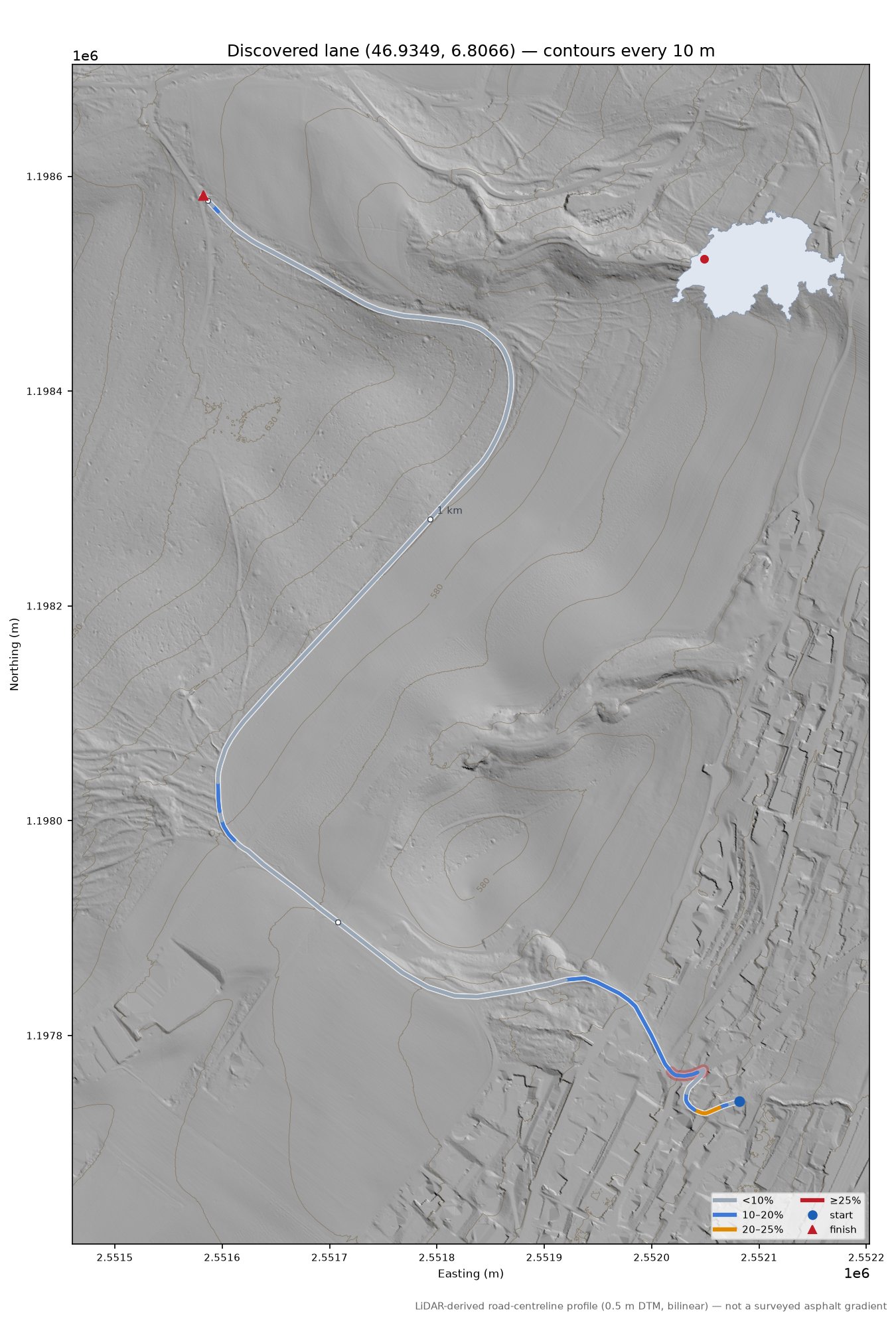 Discovered lane (46.9349, 6.8066) LiDAR hillshade map with contours