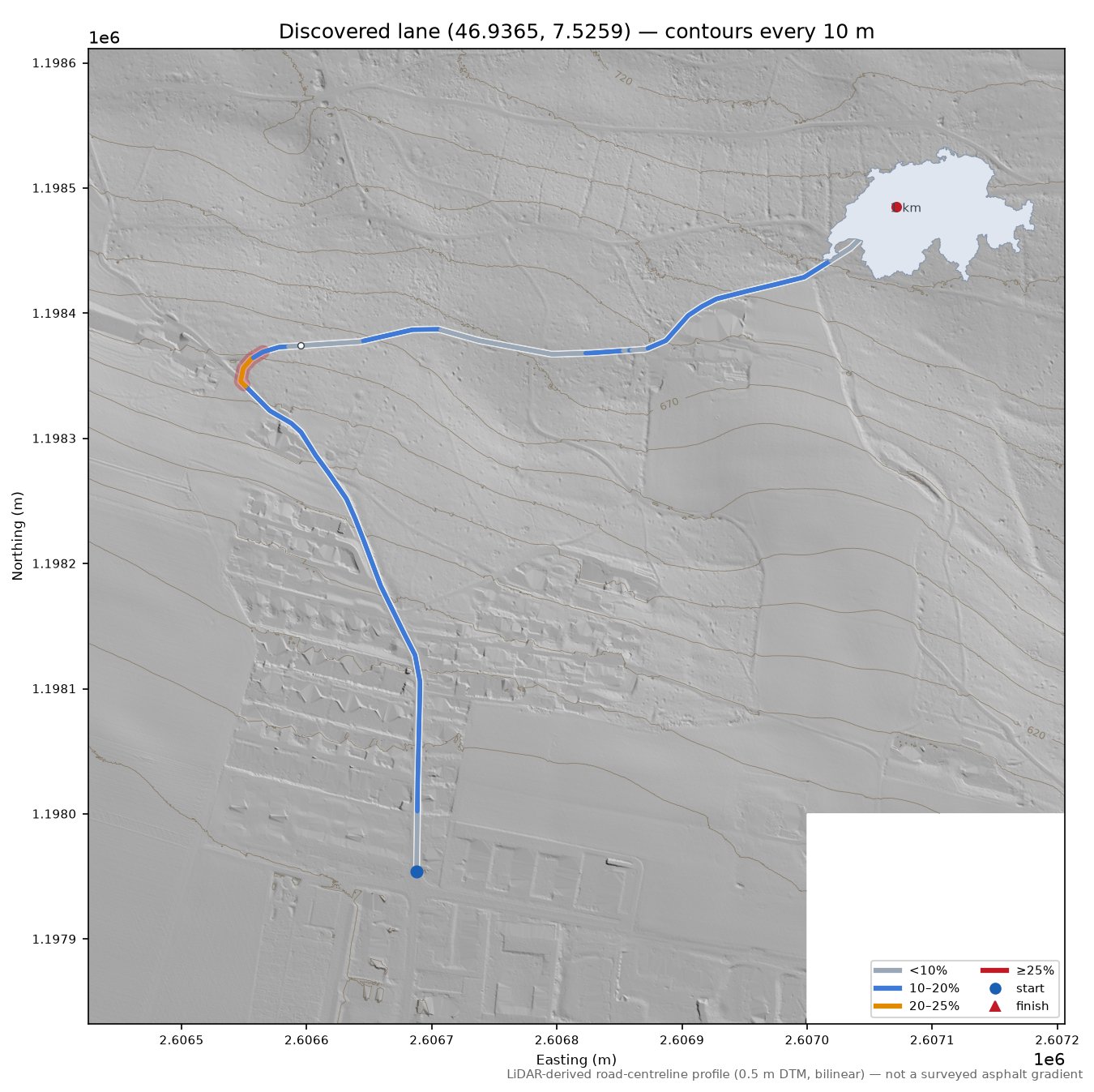 Discovered lane (46.9365, 7.5259) LiDAR hillshade map with contours