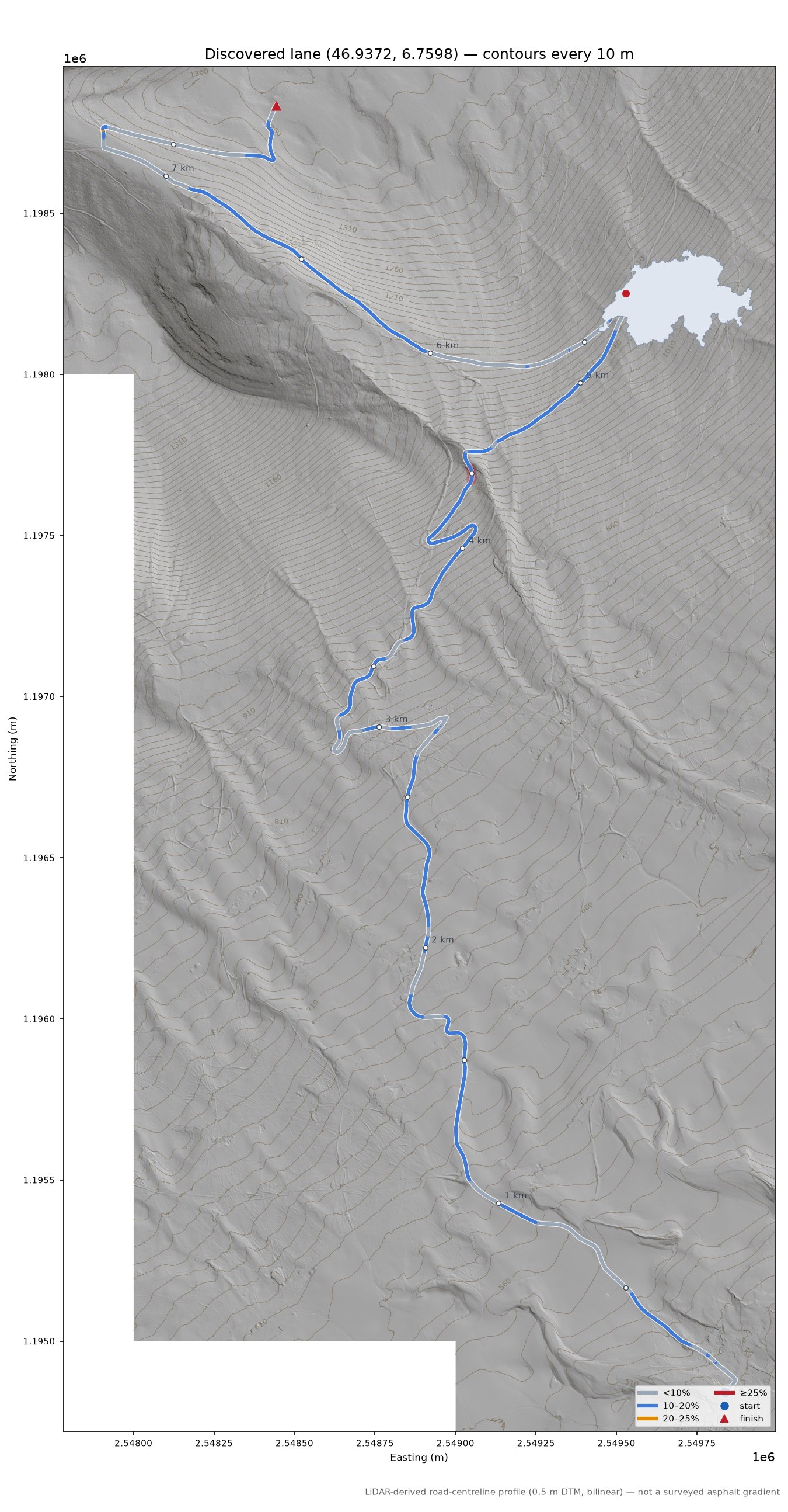 Discovered lane (46.9372, 6.7598) LiDAR hillshade map with contours