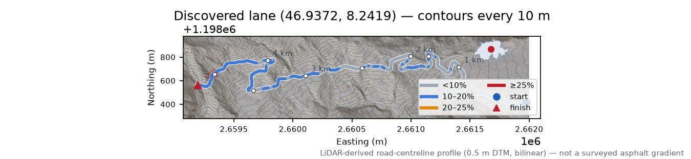Discovered lane (46.9372, 8.2419) LiDAR hillshade map with contours