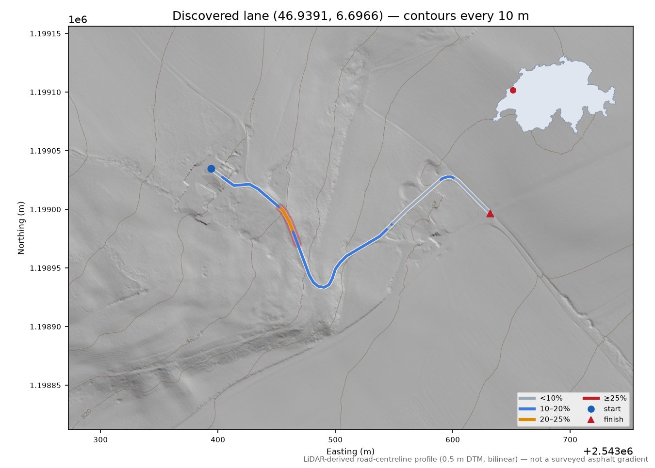Discovered lane (46.9391, 6.6966) LiDAR hillshade map with contours