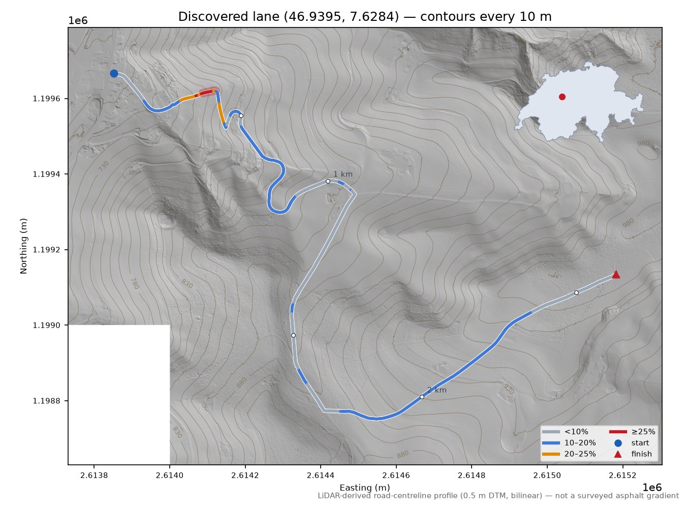 Discovered lane (46.9395, 7.6284) LiDAR hillshade map with contours