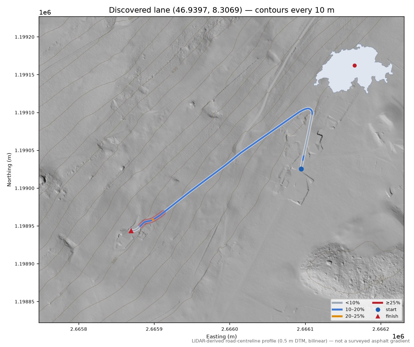 Discovered lane (46.9397, 8.3069) LiDAR hillshade map with contours
