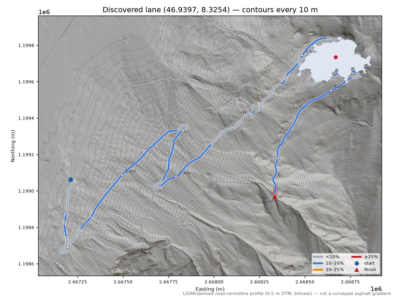 Discovered lane (46.9397, 8.3254) LiDAR hillshade map with contours