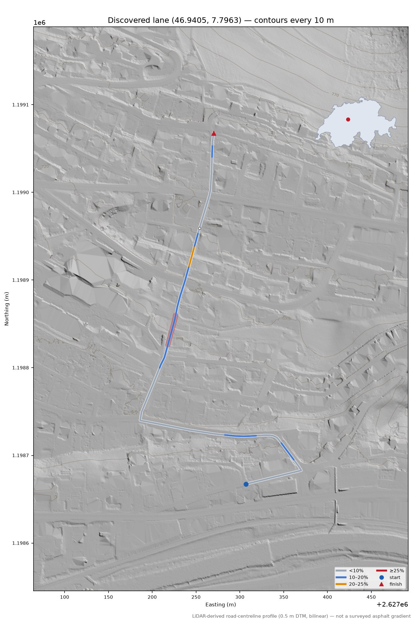 Discovered lane (46.9405, 7.7963) LiDAR hillshade map with contours
