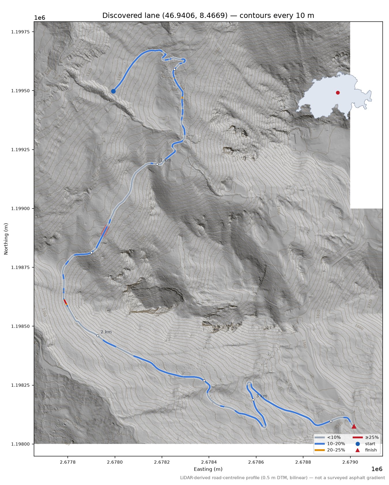 Discovered lane (46.9406, 8.4669) LiDAR hillshade map with contours