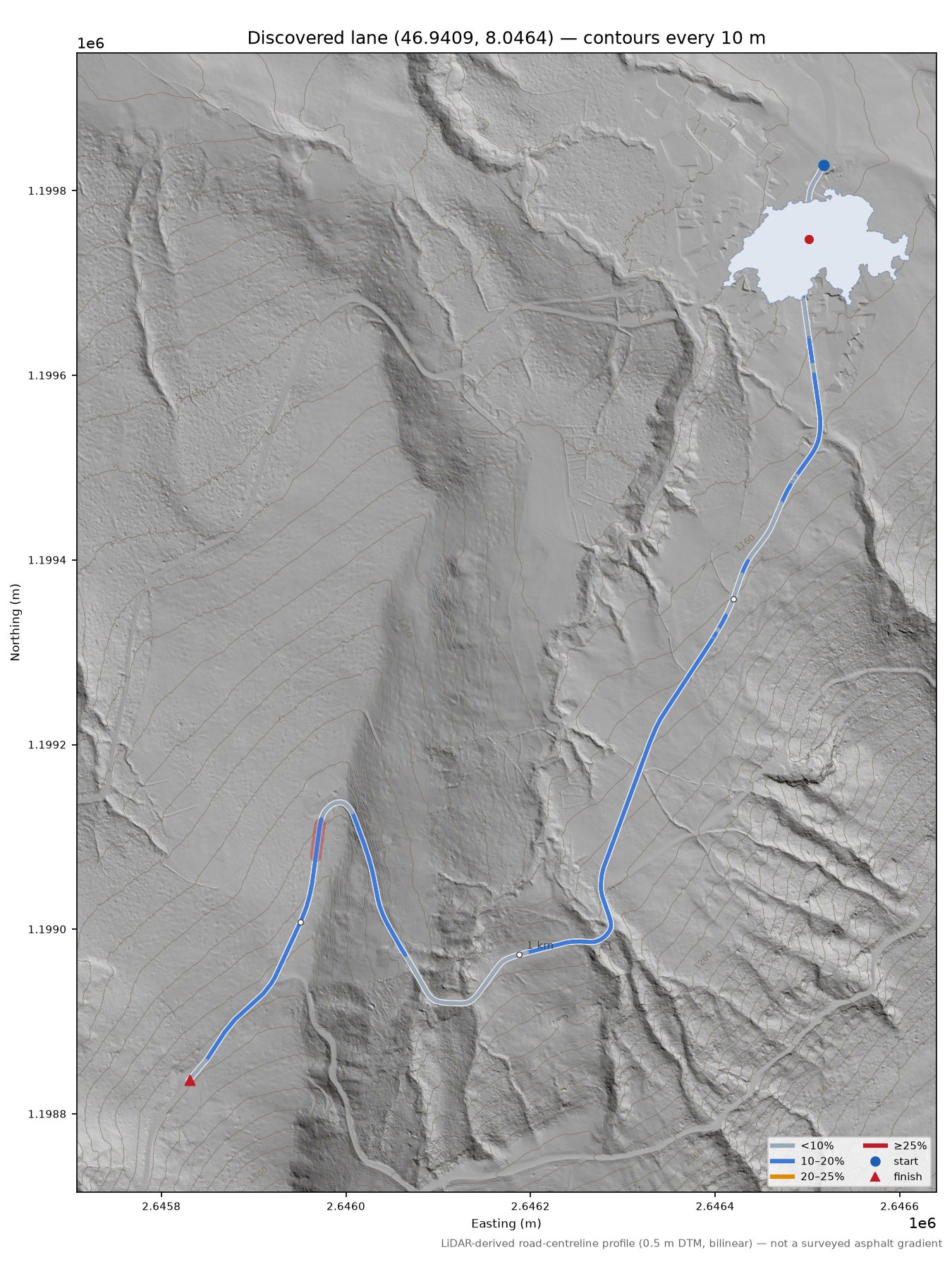 Discovered lane (46.9409, 8.0464) LiDAR hillshade map with contours