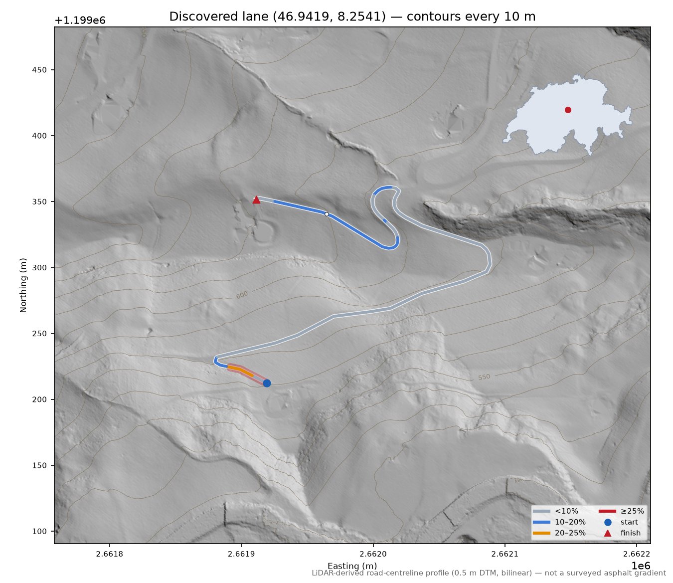Discovered lane (46.9419, 8.2541) LiDAR hillshade map with contours