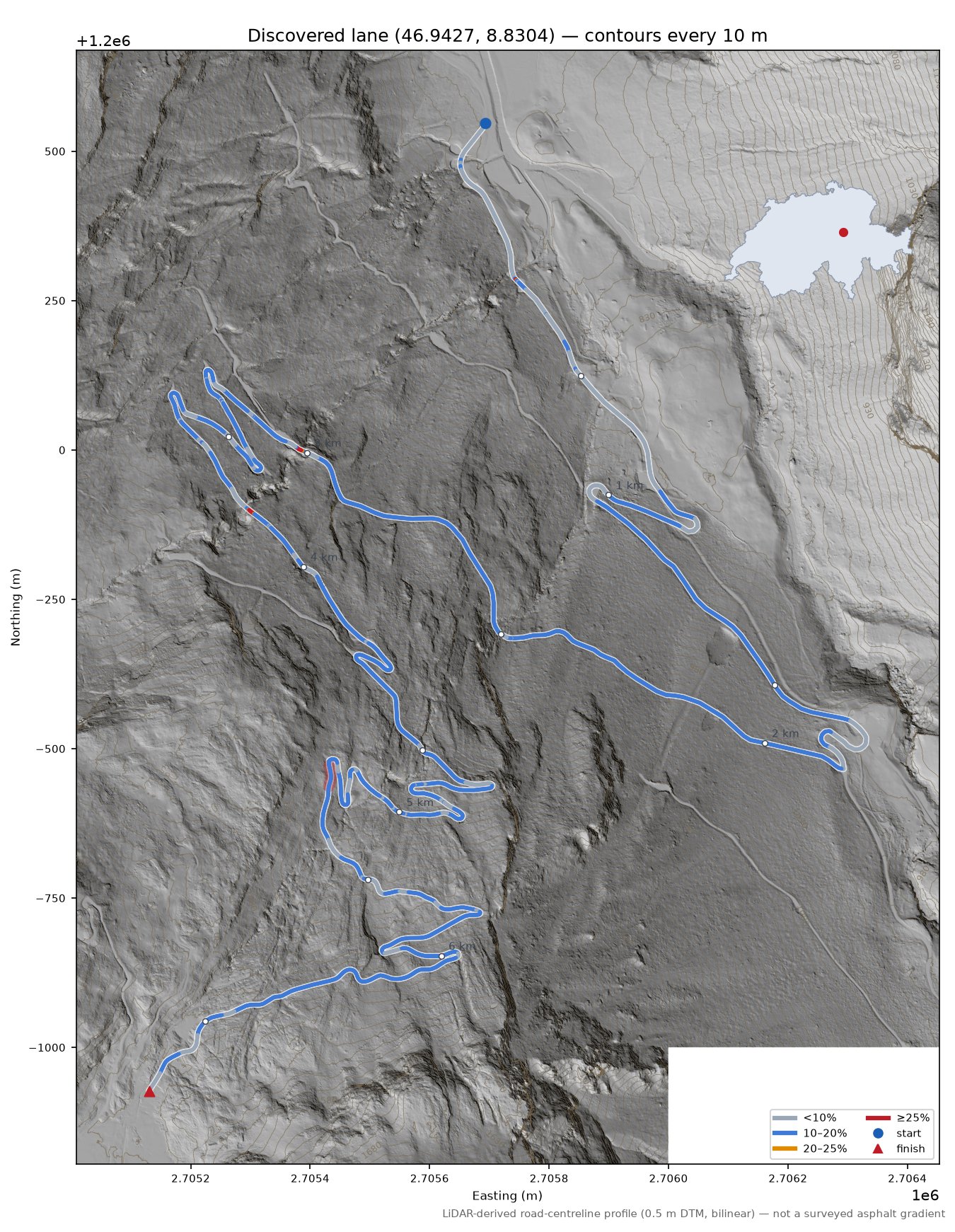 Discovered lane (46.9427, 8.8304) LiDAR hillshade map with contours