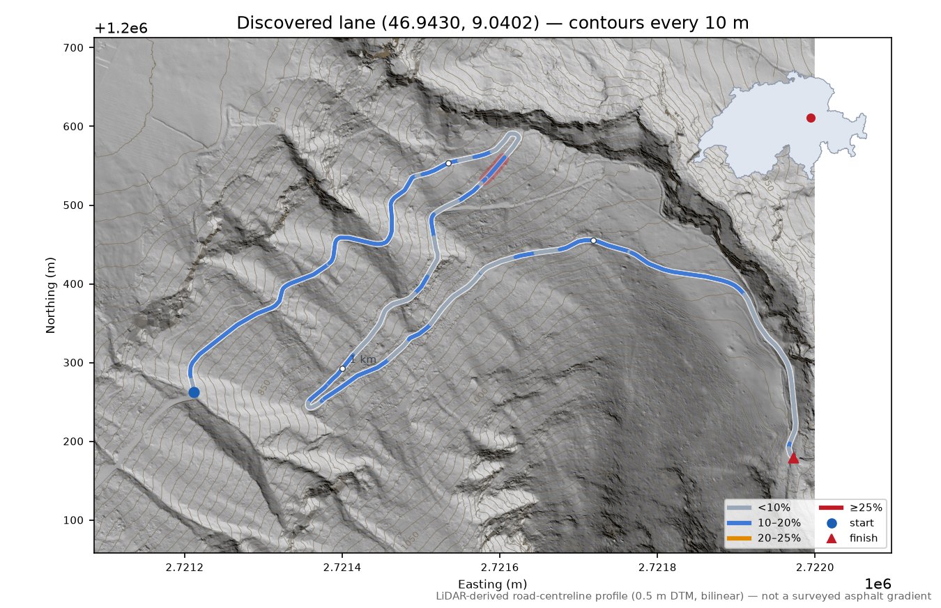 Discovered lane (46.9430, 9.0402) LiDAR hillshade map with contours