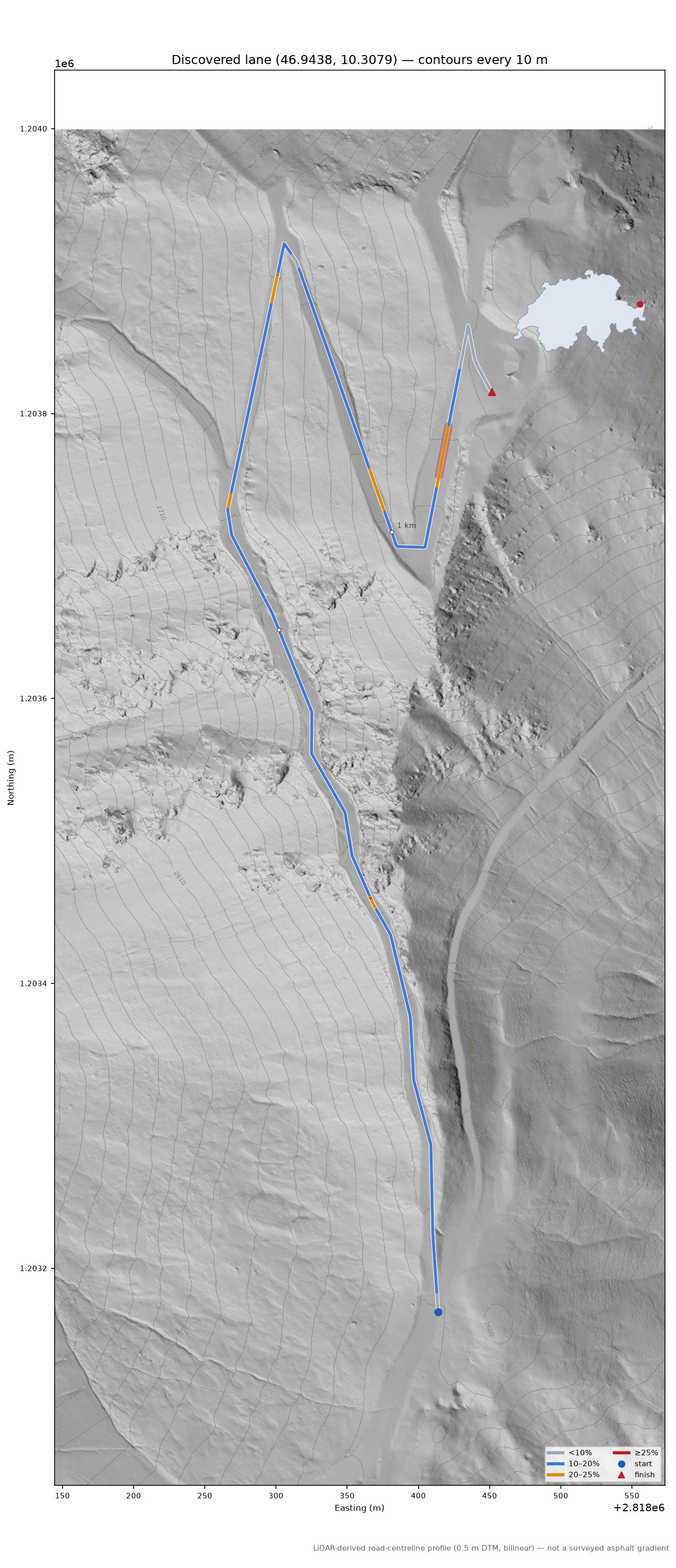 Discovered lane (46.9438, 10.3079) LiDAR hillshade map with contours