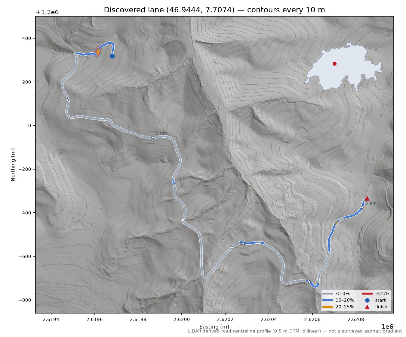 Discovered lane (46.9444, 7.7074) LiDAR hillshade map with contours