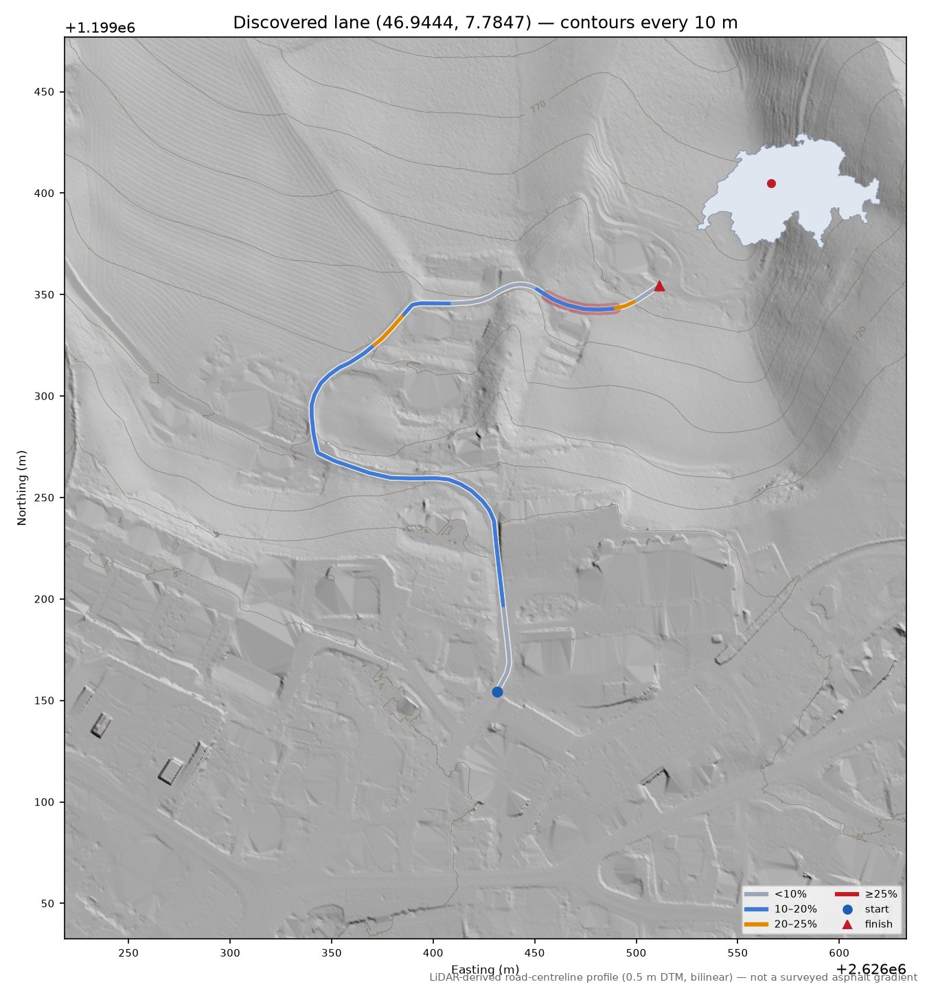 Discovered lane (46.9444, 7.7847) LiDAR hillshade map with contours