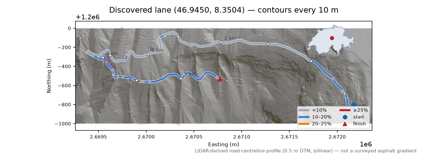 Discovered lane (46.9450, 8.3504) LiDAR hillshade map with contours