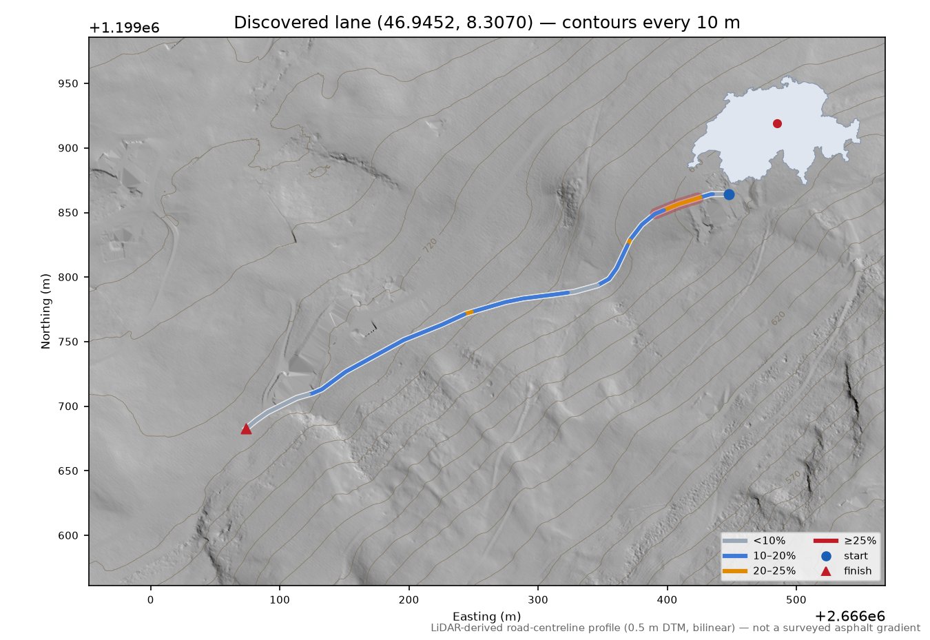Discovered lane (46.9452, 8.3070) LiDAR hillshade map with contours