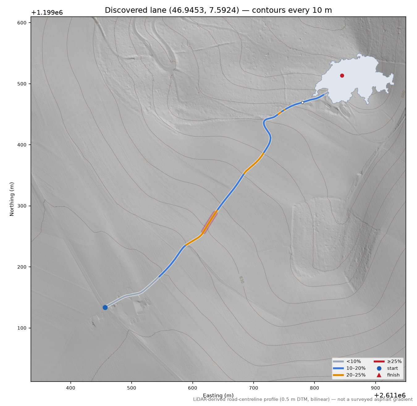 Discovered lane (46.9453, 7.5924) LiDAR hillshade map with contours