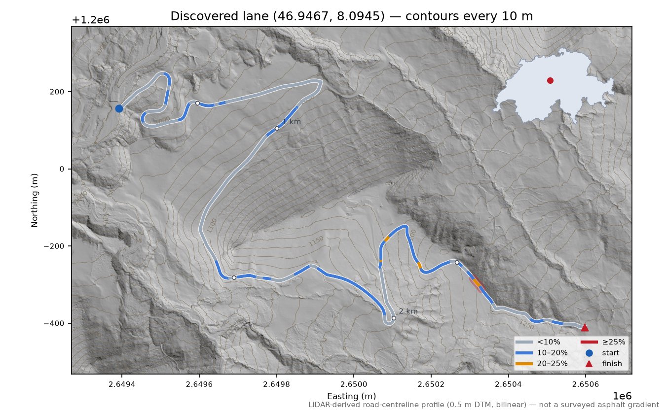 Discovered lane (46.9467, 8.0945) LiDAR hillshade map with contours