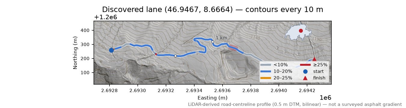 Discovered lane (46.9467, 8.6664) LiDAR hillshade map with contours