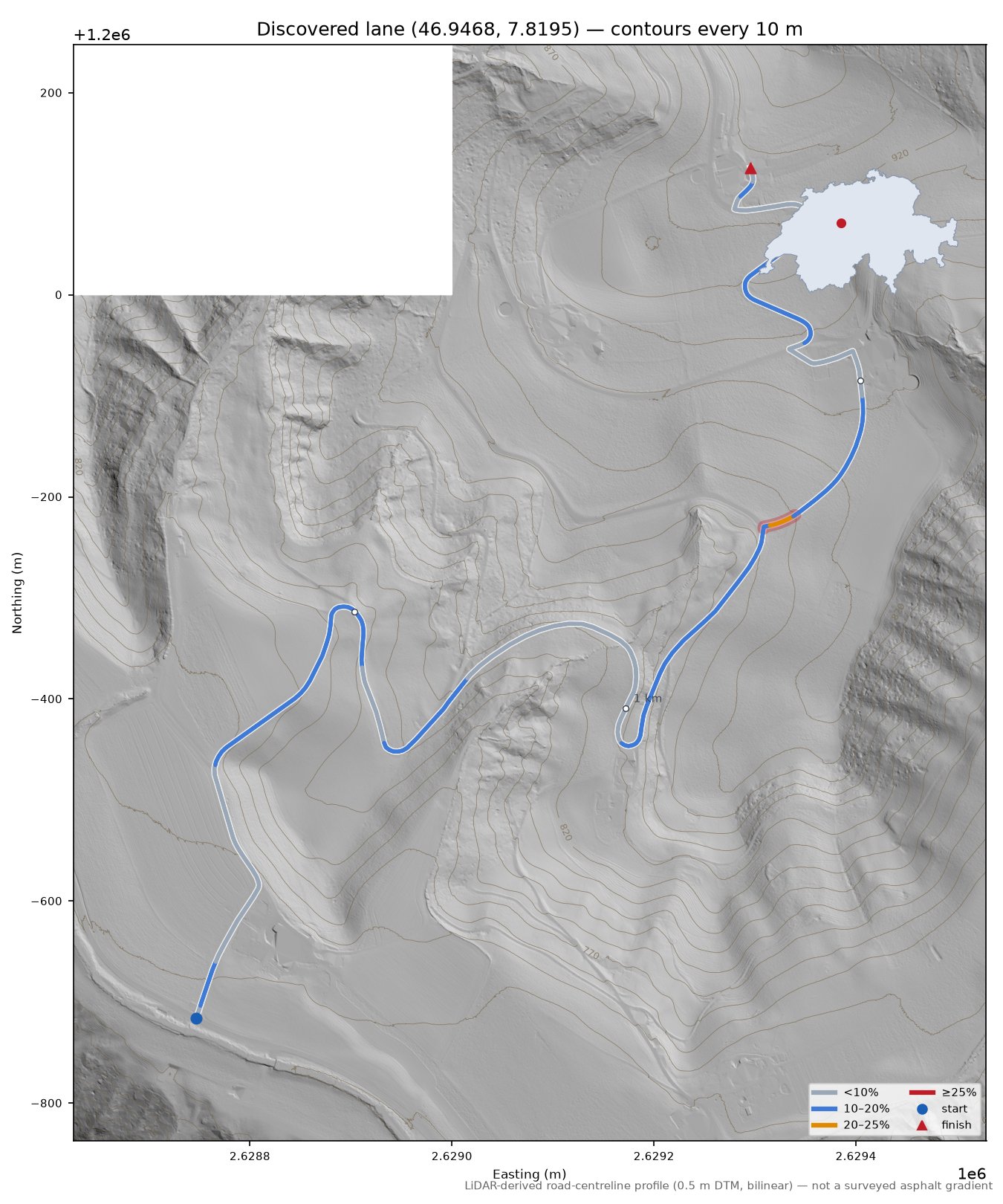 Discovered lane (46.9468, 7.8195) LiDAR hillshade map with contours