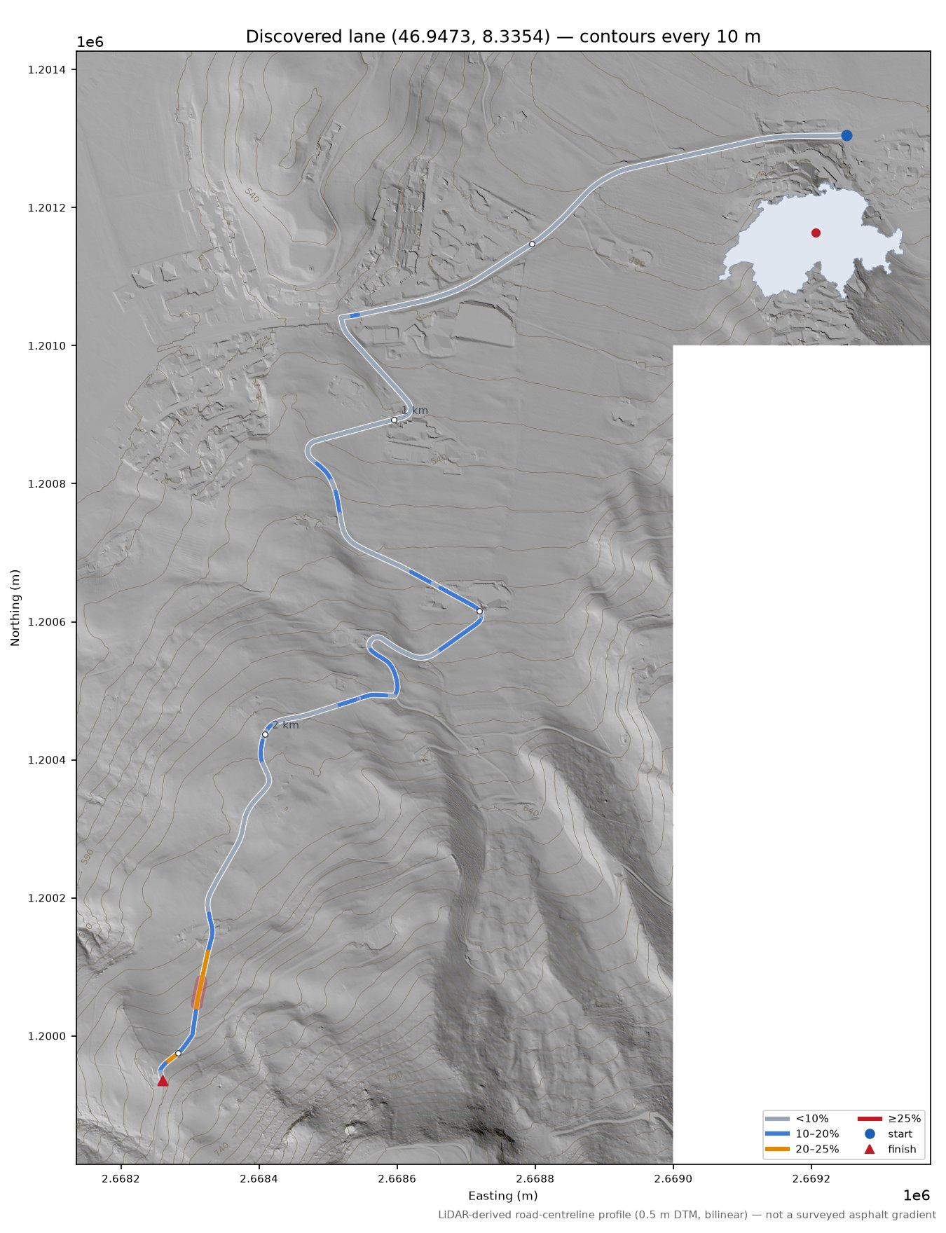 Discovered lane (46.9473, 8.3354) LiDAR hillshade map with contours