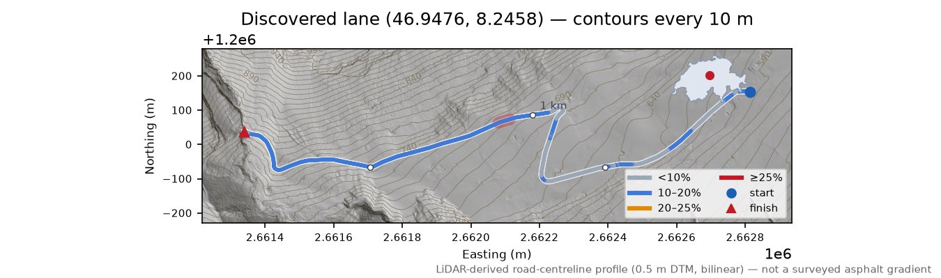 Discovered lane (46.9476, 8.2458) LiDAR hillshade map with contours