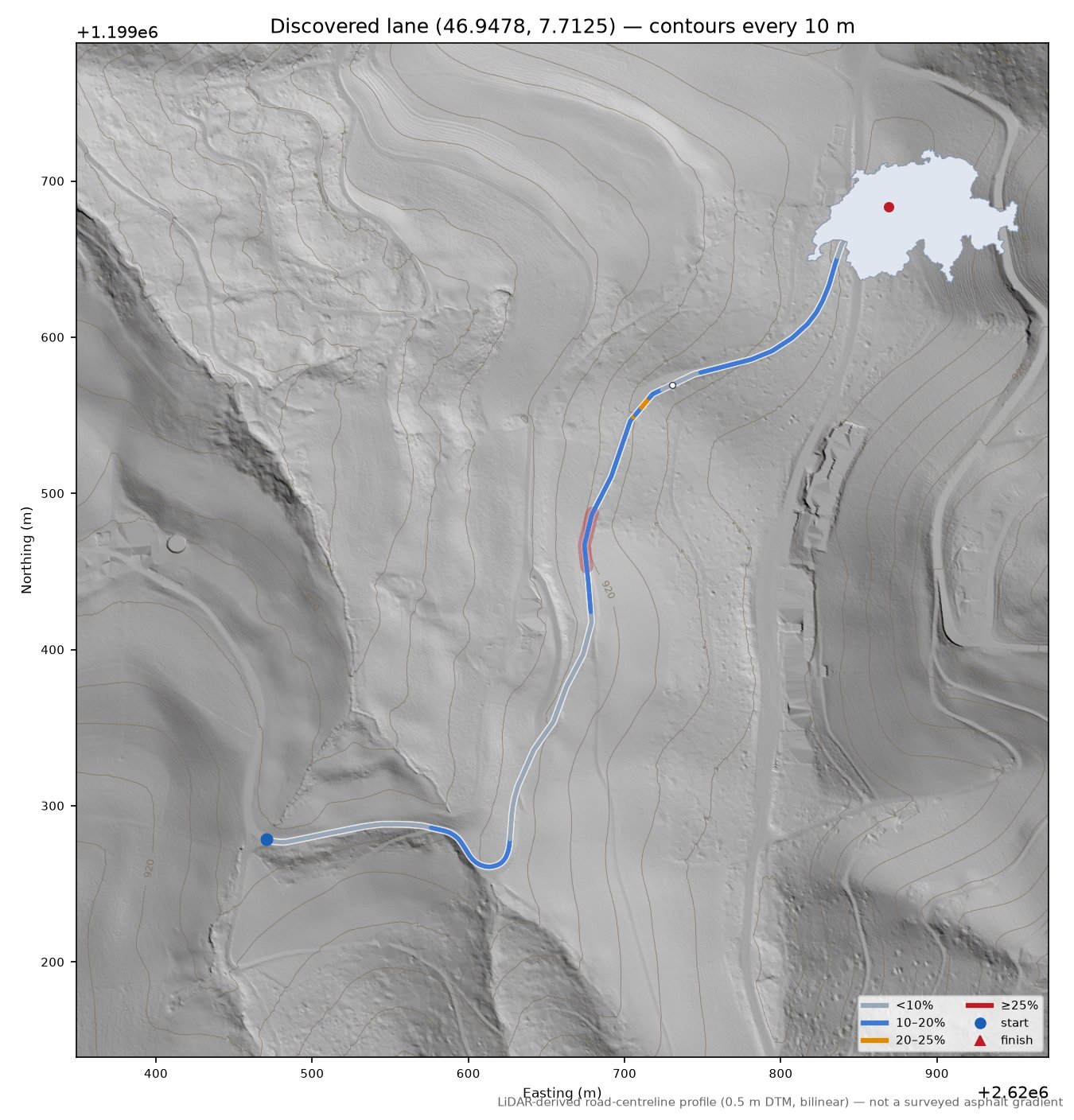 Discovered lane (46.9478, 7.7125) LiDAR hillshade map with contours