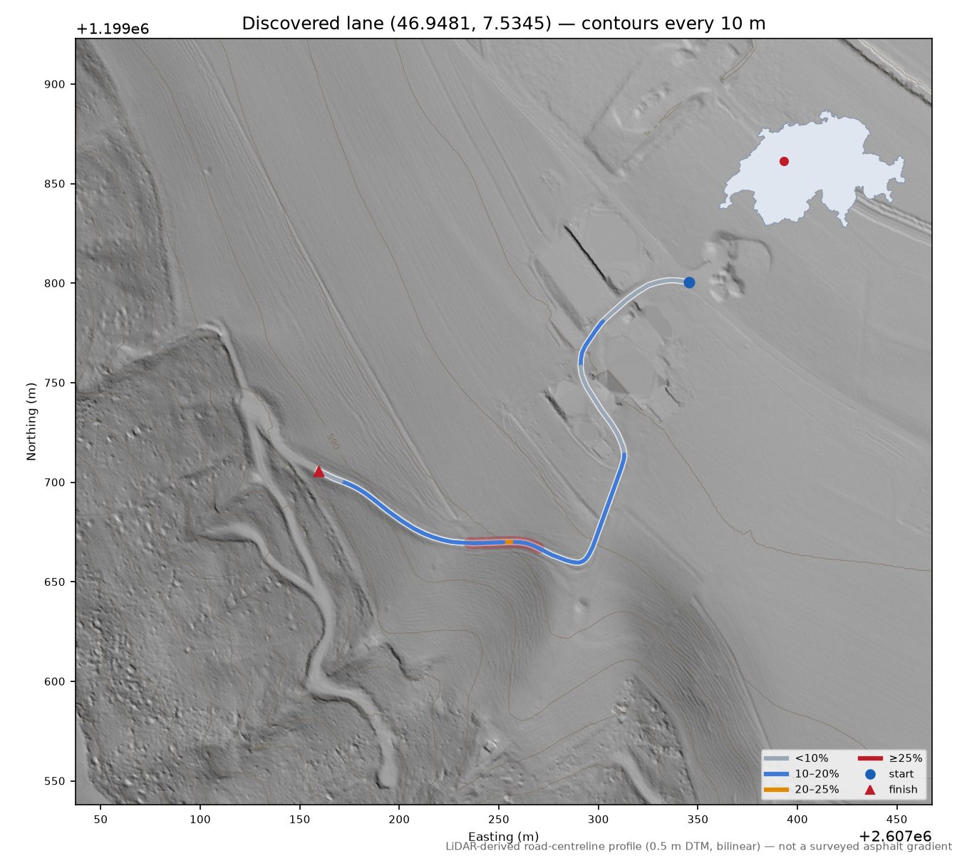 Discovered lane (46.9481, 7.5345) LiDAR hillshade map with contours
