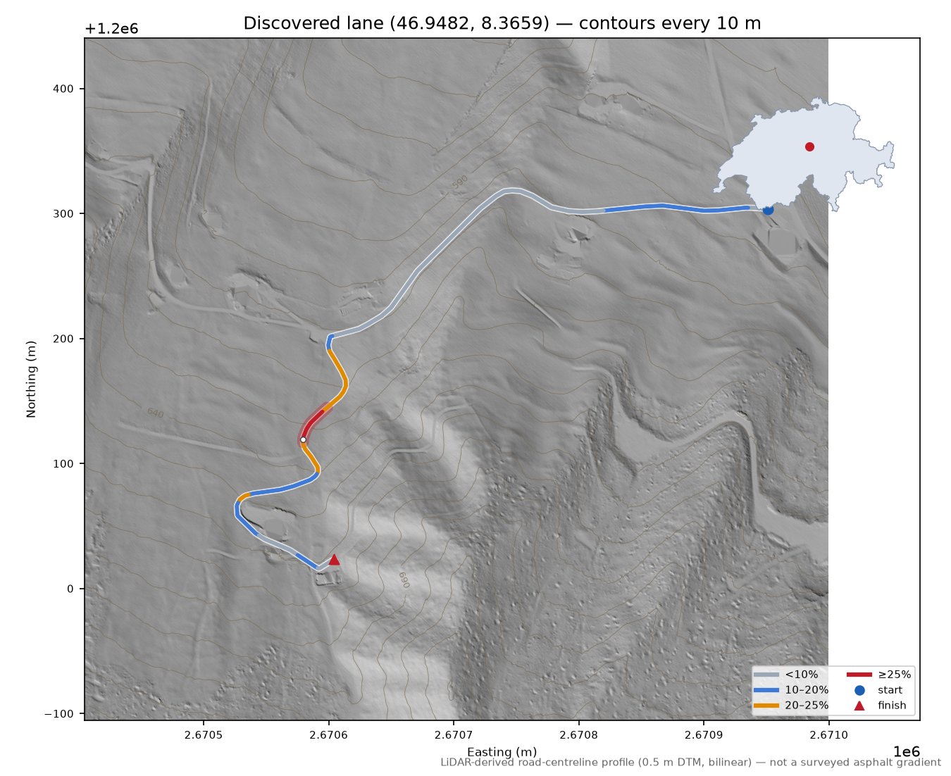 Discovered lane (46.9482, 8.3659) LiDAR hillshade map with contours
