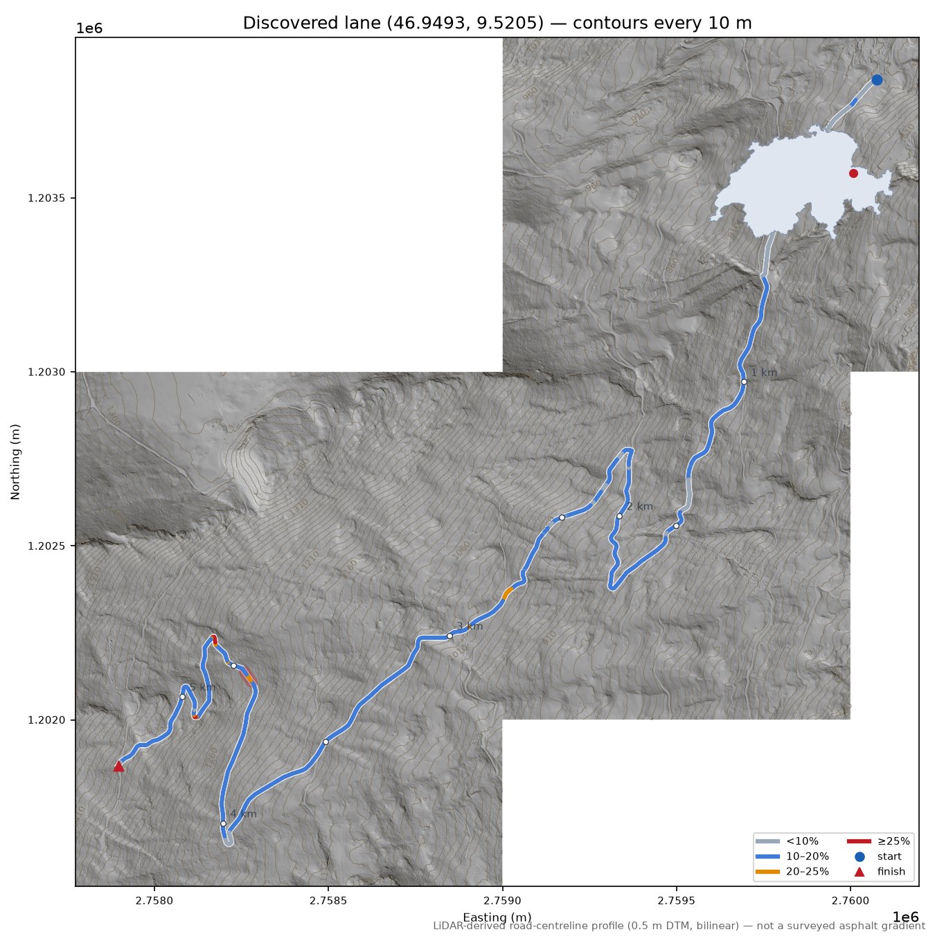 Discovered lane (46.9493, 9.5205) LiDAR hillshade map with contours