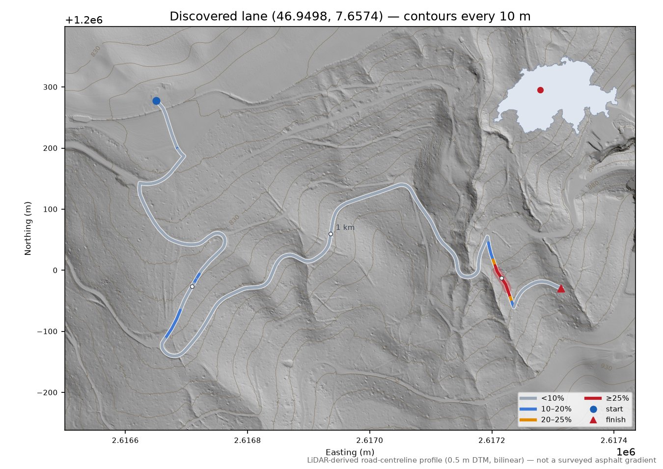 Discovered lane (46.9498, 7.6574) LiDAR hillshade map with contours