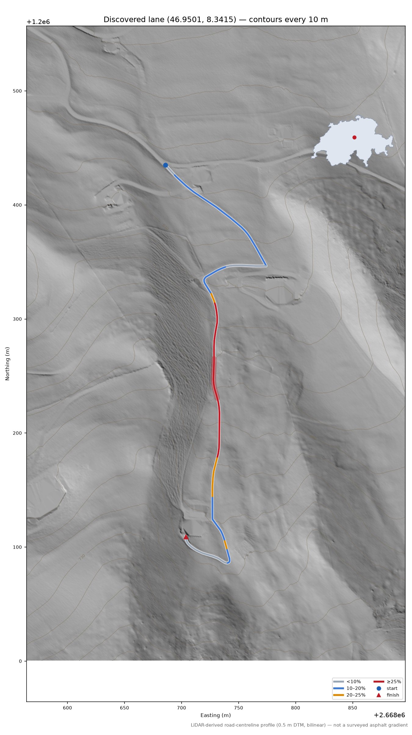 Discovered lane (46.9501, 8.3415) LiDAR hillshade map with contours