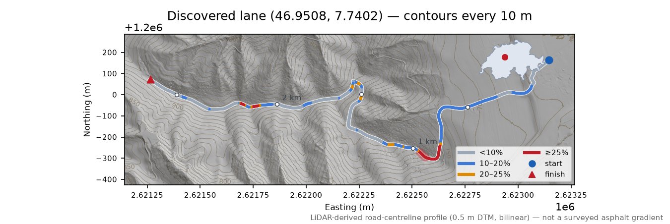 Discovered lane (46.9508, 7.7402) LiDAR hillshade map with contours